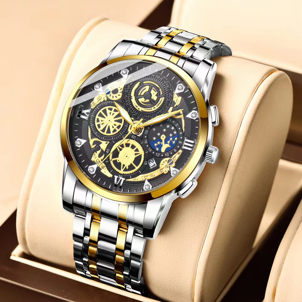 Tuhao Gold Men's Watch impermeable calendario luminoso moda Comercio exterior transfronterizo Piel de camarón incrustada en diamantes TikTok entrega rápida de una pieza