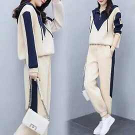 休闲时尚运动套装女2026春季新款宽松收腰显瘦拼接卫衣两件套洋气