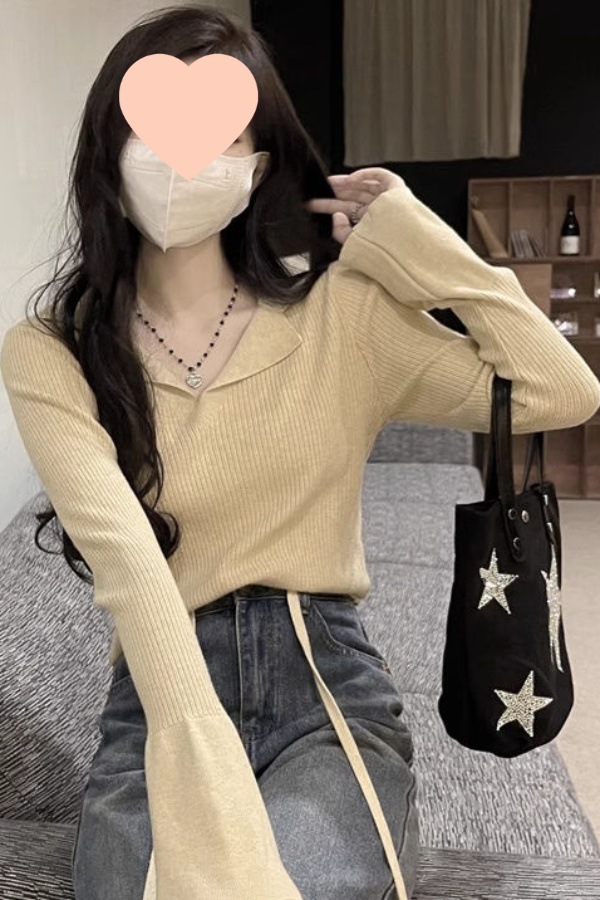 辣妹翻领打底针织衫女秋季韩版2025新款修身显瘦短款内搭长袖上衣