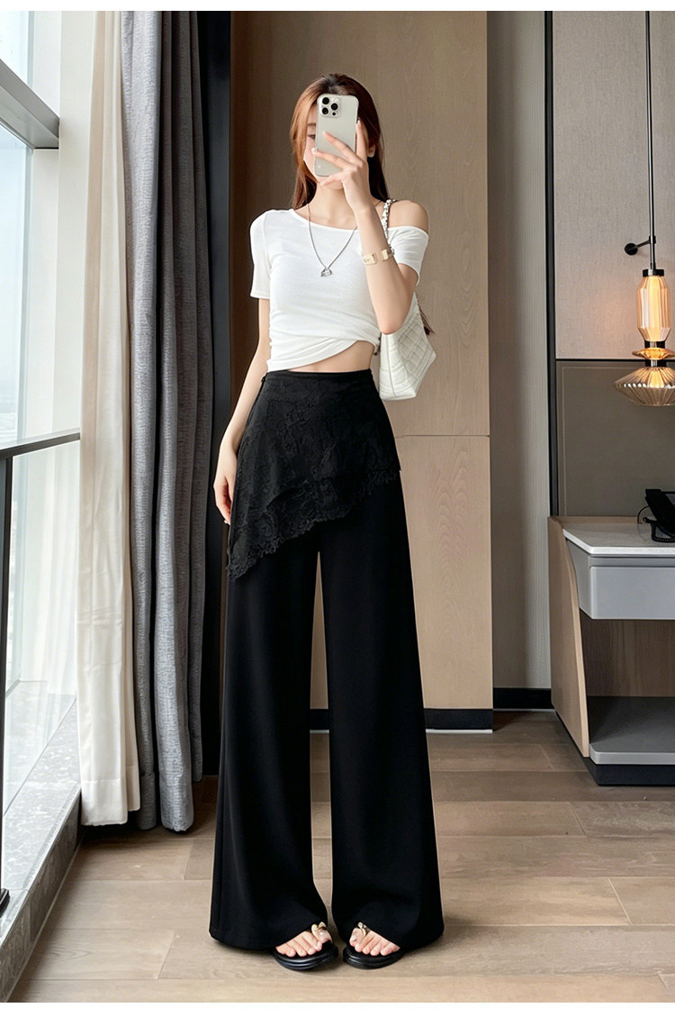 Quần culottes nữ ống rộng cạp cao ren eo phong cách Hàn Quốc — màu đen chi tiết 47
