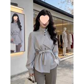 条纹衬衫女设计感小众2026春季新款收腰绑带chic别致立领上衣衬衣