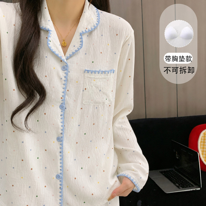 Women's plus-size pajamas with chest pads, long-sleeved, cute colorful polka dot lace home wear set, in stock from the manufacturer Women's plus-size pajamas with chest pads, long-sleeved, cute colorful polka dot lace home wear set, in stock from the manufacturer