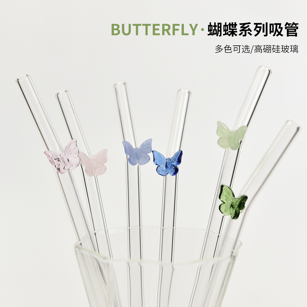 Pajita de vidrio resistente al calor de alto valor Pajita de color de vidrio de borosilicato Pajita de mariposa de color Ventas directas de fábrica