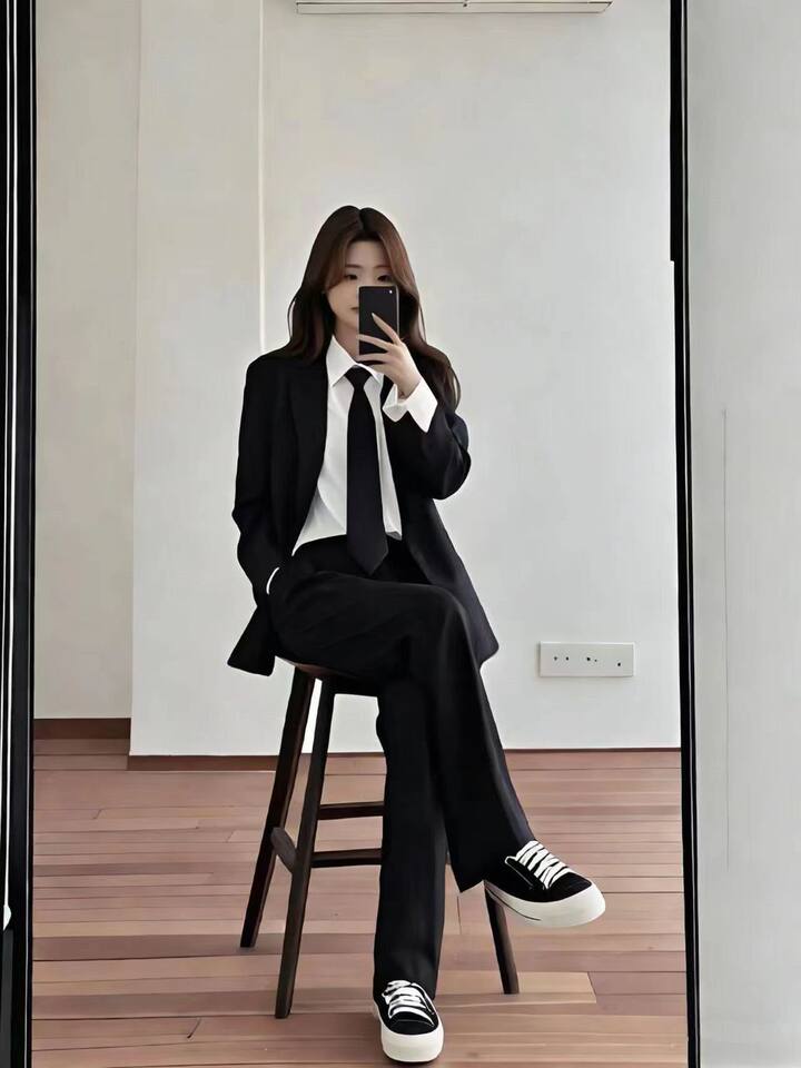Bộ vest nữ công sở áo khoác vest đen dài tay kèm quần tây ống đứng — Quần tây ống đứng một chiếc, chiều dài quần khoảng 97cm, Áo khoác vest đơn chiếc, Áo khoác vest đơn + Quần tây ống đứng màu đen tuyền chi tiết 19