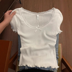 白の純粋な欲の甘いレースの半袖tシャツの女性の夏のギャルの修身はやせています。
