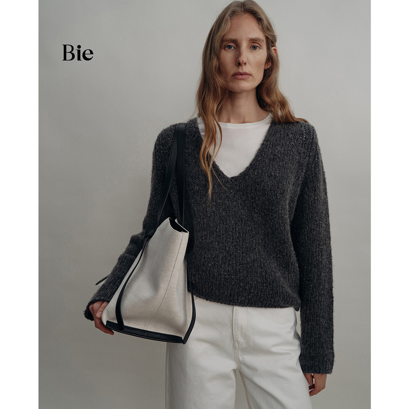 Biebe Wool Blend Deep V-Neck Knit Sweater for Women in Autumn, Casual Layered Loose Fit with Curled Long Sleeves Biebe Wool Blend Deep V-Neck Knit Sweater for Women in Autumn, Casual Layered Loose Fit with Curled Long Sleeves