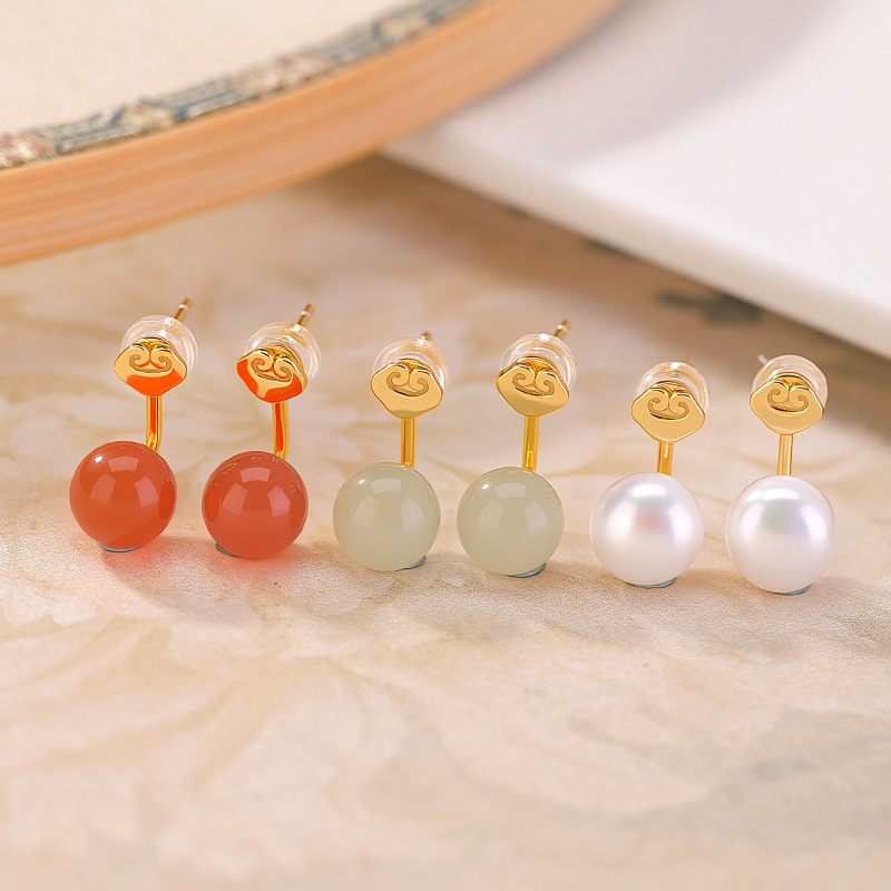 Khuyên tai bạc S925 mạ vàng đính đá thủy ngọc hồng mã não hình tròn — Thanh Thủy Ngọc