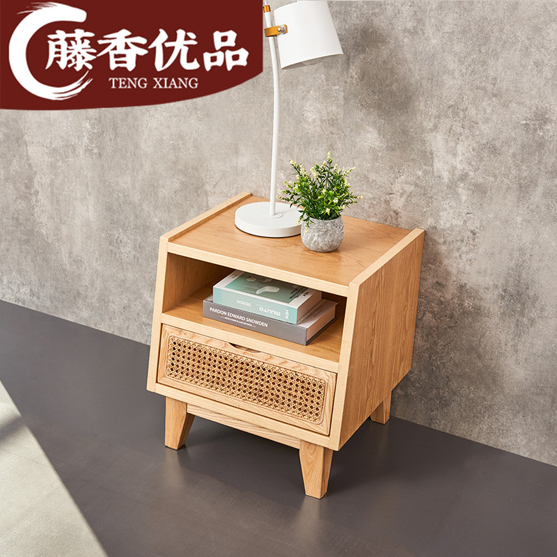 Simple Modern Light Luxury Bedside Table Free Installation Nordic Style ins Solid Wood Log Mini Rattan Storage Cabinet for Bedroom