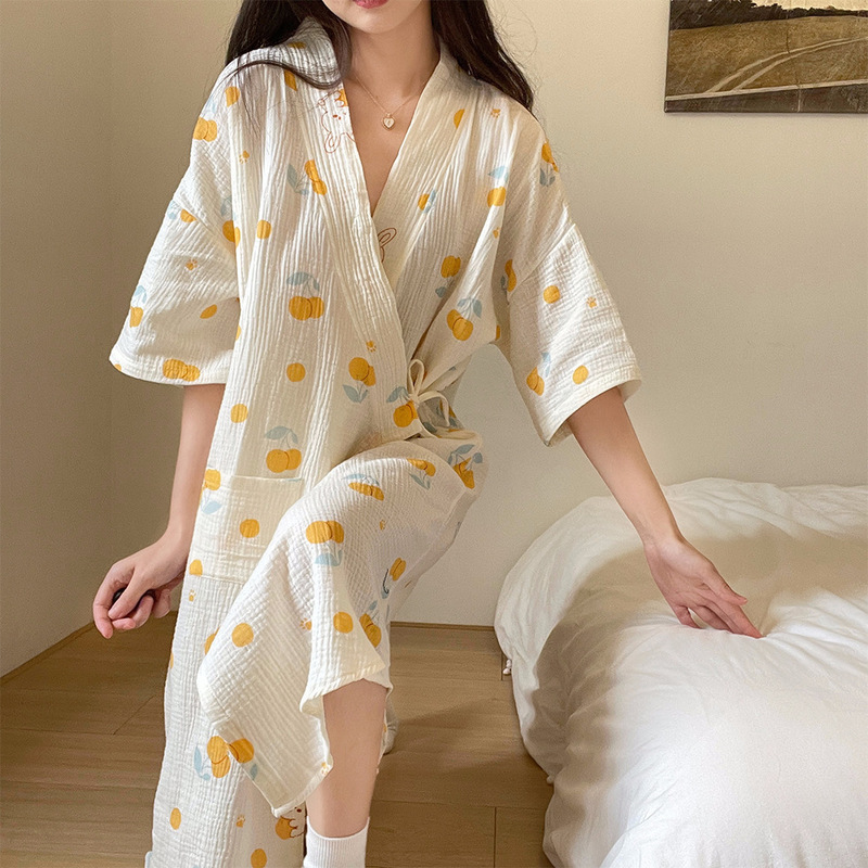 Japanese Style Kimono Nightgown Women's Summer New Style Wrinkled Pure Cotton Strap Pajamas Women's Home Clothes Long Cardigan Bathrobe