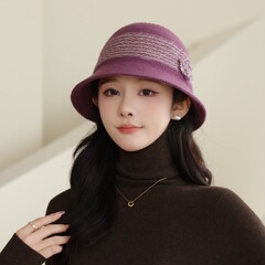 新款秋冬季优雅花朵妈妈帽中老年人法式针织盆帽可折叠保暖渔夫帽