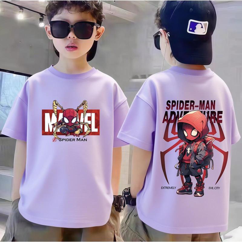 Boys' Pure Cotton Short-Sleeved T-Shirt Summer 2026 New Trendy Brand Marvel Cartoon Print Base Shirt for Older Children