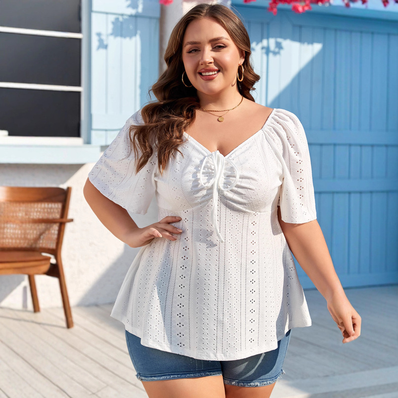 Trendy Plus Size Vintage Lace Blouse Women's Textured Pullover Jacquard Top European and American Cross-Border Women's New Fashion