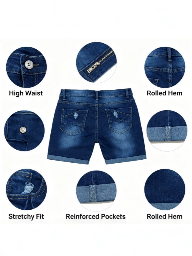 Shorts de Mezclilla de Tiro Alto para Mujer de Mezclilla de Algodón con Alta Elasticidad y Borde Enrollado para Uso Casual image 4