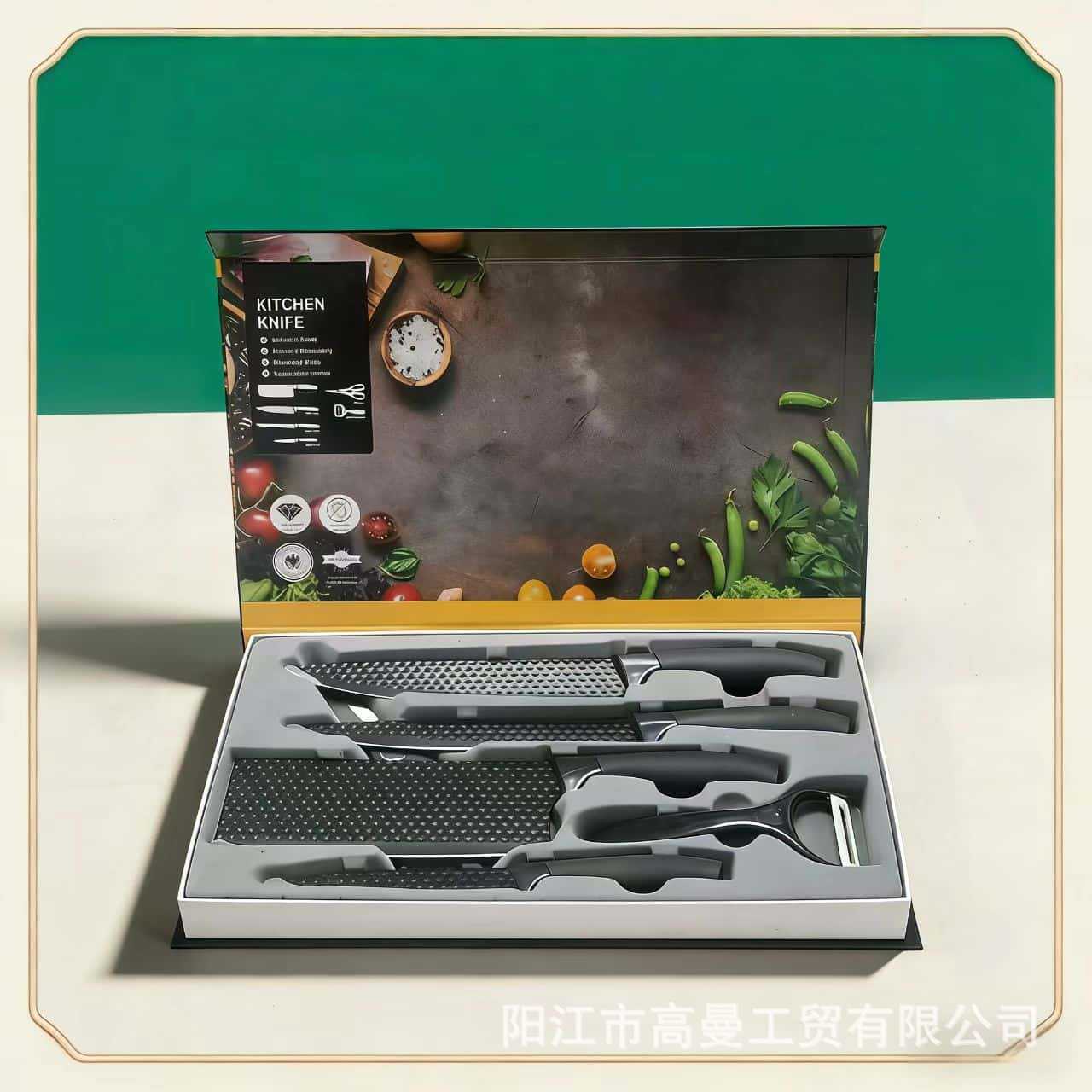 Comercio exterior de acero inoxidable al por mayor cuchillo de cocina conjunto de cuchillo de cuchillo con mango de grasa con tablero de verduras en caja hecha a mano cuchillo casero