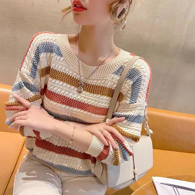 Cross-Border Striped Knit Sweater for Women, Autumn and Winter Loose Fit Color-Block Batwing Top, Rainbow Stripe Long-Sleeve Hollow-Out Thin Sweater for Women Cross-Border Striped Knit Sweater for Women, Autumn and Winter Loose Fit Color-Block Batwing Top, Rainbow Stripe Long-Sleeve Hollow-Out Thin Sweater for Women