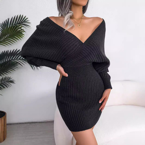 Autumn/Winter Sexy Cross V-Bust Batwing Skirt Bodycon Dress, Independent Women's Clothing