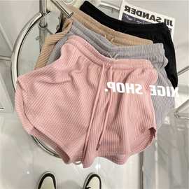 粉红色华夫格运动短裤女夏季韩版百搭高腰显瘦宽松休闲阔腿热裤子
