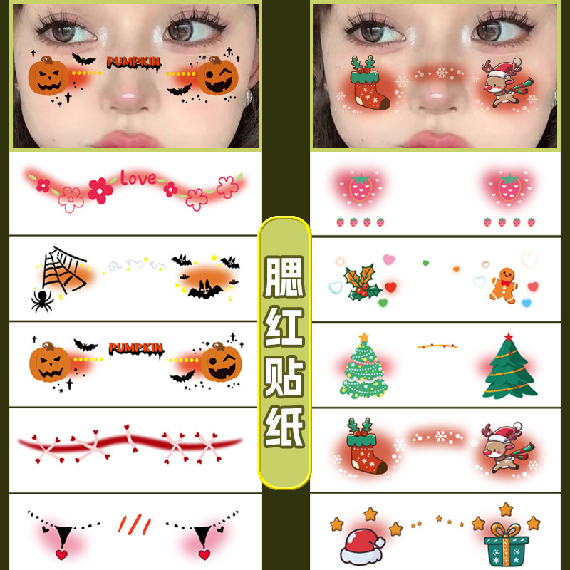 Christmas and Halloween Stickers, Waterproof and Sweat-Proof Face Stickers, Temporary Party Cute Creative Makeup Blush Tattoo Stickers