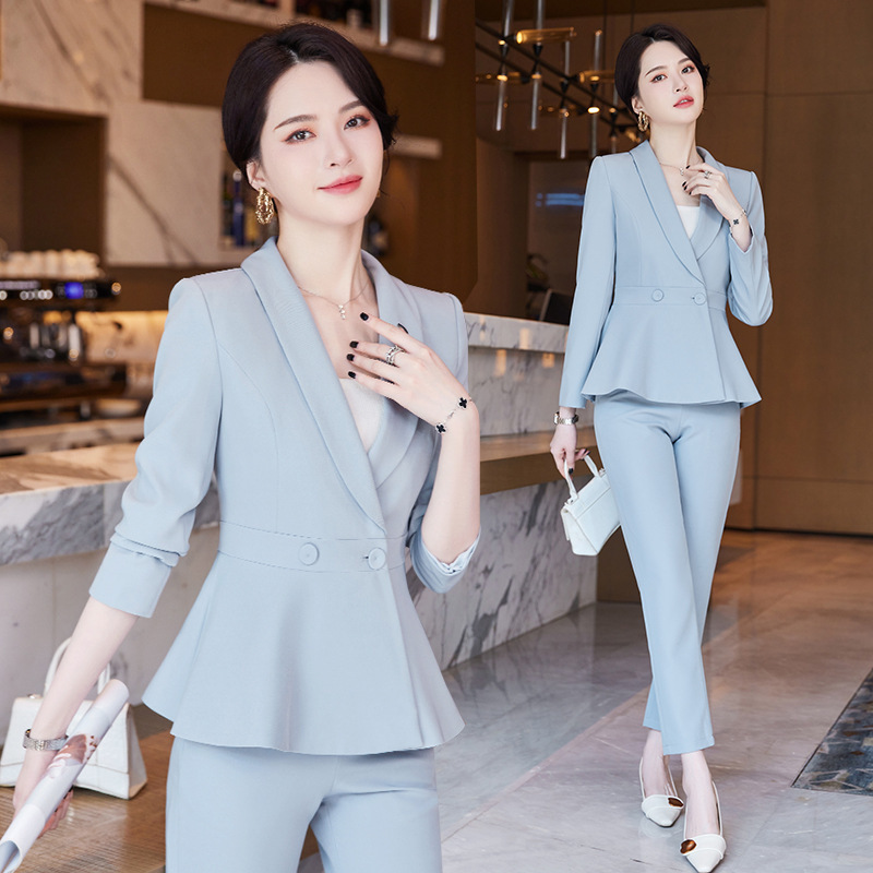 Gray and Blue Suit Set for Women, New Autumn and Winter Professional Attire, Elegant Goddess Style, Beauty Salon and Jewelry Store Front Desk Work Uniform