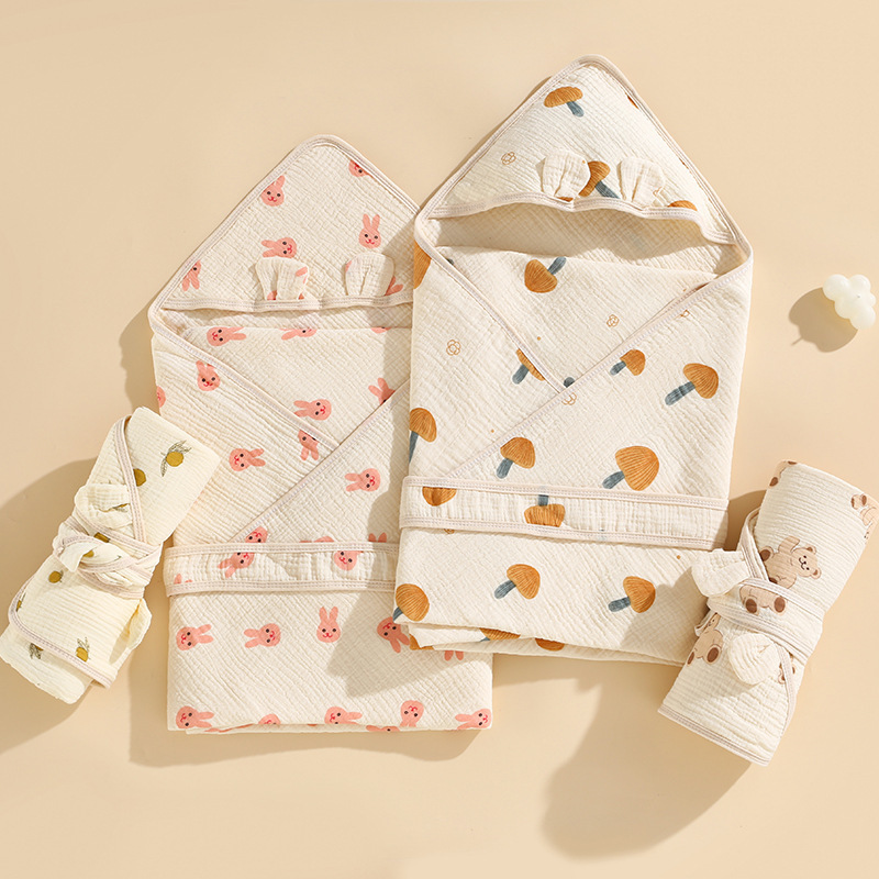 Four-layer Crepe Baby Cushion Newborn Hooded Bath Towel Cloth Cloth Birth Room Swaddling Single Package Maternal and Infant Supplies