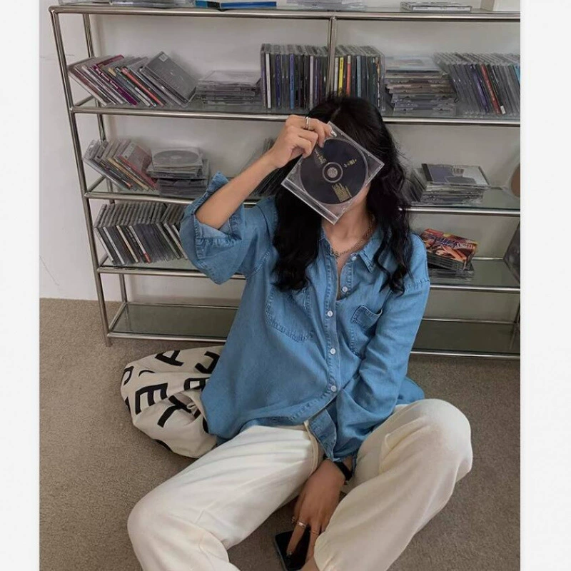 A7seve весна и осень синяя джинсовая рубашка женская укладка с длинными рукавами ретро-гонконгский аромат свободная рубашка