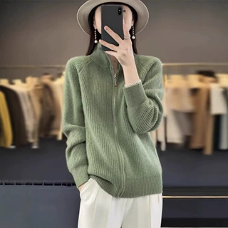 一件代发—奢华立领拉链开衫女毛衣宽松休闲针织外套秋冬加厚上衣