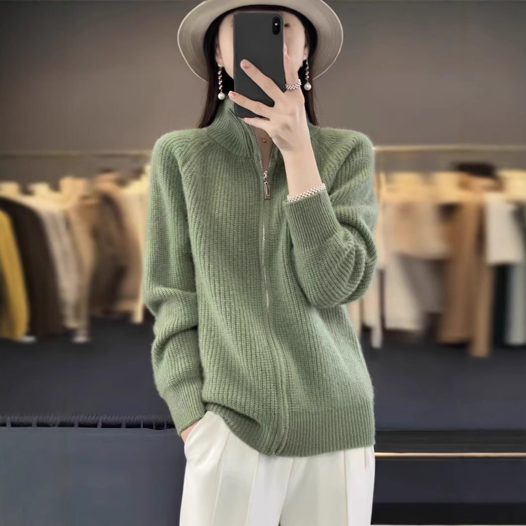 Dropshipping—Luxury Stand Collar Zipper Cardigan Women's Sweater Loose Casual Knitted Jacket Autumn and Winter Thickened Top