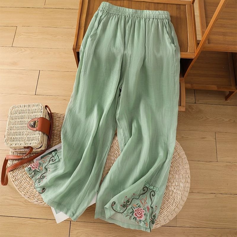 Ethnic Style Cotton and Linen Wide-Leg Pants Women's Casual Pants This Summer New Chinese Style Green Embroidered Pants Elastic Waist