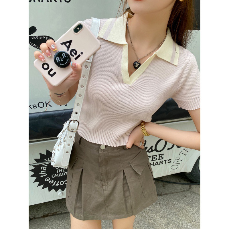 Design summer short retro knitted short sleeve T-shirt