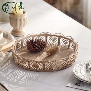 Bohemian Style Handmade Bamboo Fruit Plate Living Room Round Creative Storage Tray Pastoral Style Wood Color B&B Decoration
