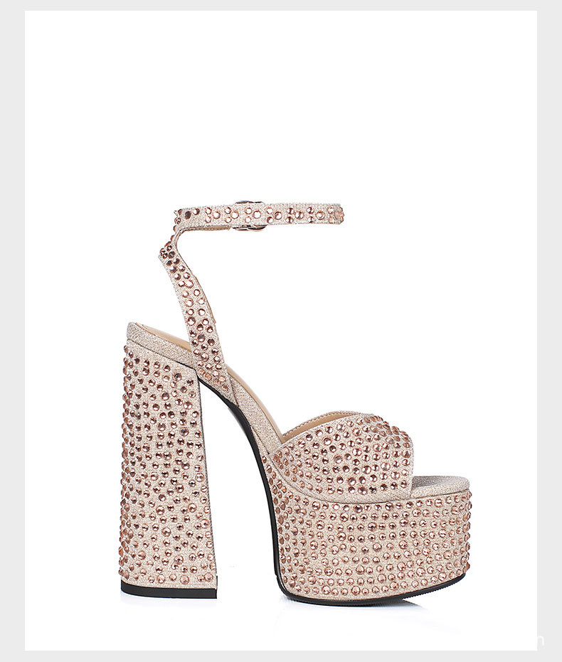 Sandal nữ siêu cao gót da thật đế dày chống trượt đính đá rhinestone gót 15 cm — Rượu sâm banh chi tiết 20