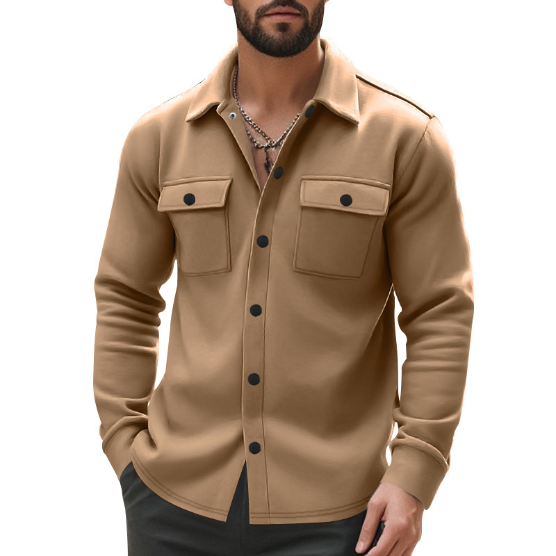 Vêtements américains avec col en polaire, plusieurs poches, simple boutonnage, veste décontractée de couleur unie, veste pour homme_voghion.com