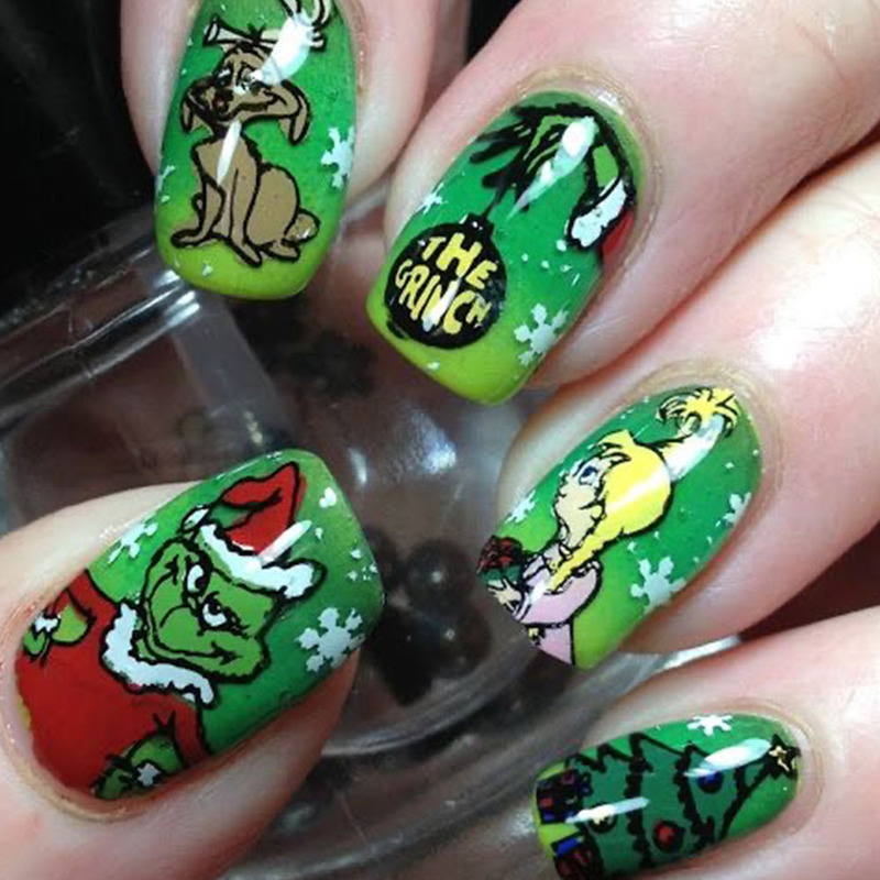 Green Letters Grinch Christmas Christmas Elements Fake Nails Finished Wear Armor Holiday Nail Art