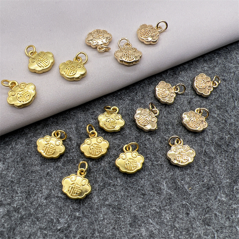 DIY Jewelry Materials 14K Gold-Plated Ancient Sand Gold Crystal Bracelet with "Fu" Character Longevity Lock Double-Sided Pendant Clothing Accessory