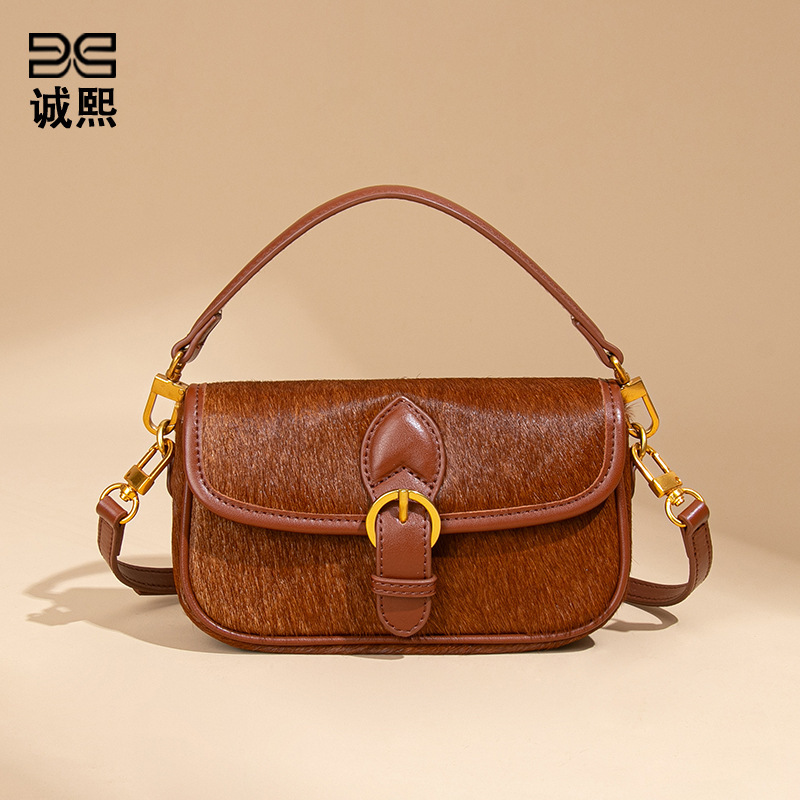 Autumn and Winter New Genuine Leather Horsehair Hand-Held Armpit Women's Bag Fashionable Retro Saddle Bag Texture Trendy Single Shoulder Crossbody Bag