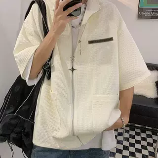 华夫格衬衫男短袖设计感小众盐系港味复古衬衣美式夏季外套ins潮