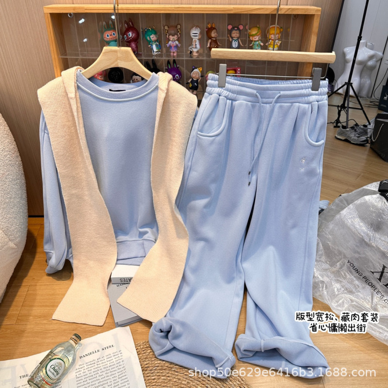 小马刺绣慵懒风休闲运动套装春秋宽松时尚百搭圆领卫衣披肩三件套|undefined