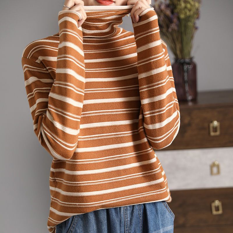 High-Neck Casual Women's T-Shirt Top Autumn and Winter New Retro Inner Wear for Daily Commuting Slimming Look Long-Sleeved Stripesd Bottoming Shirt
