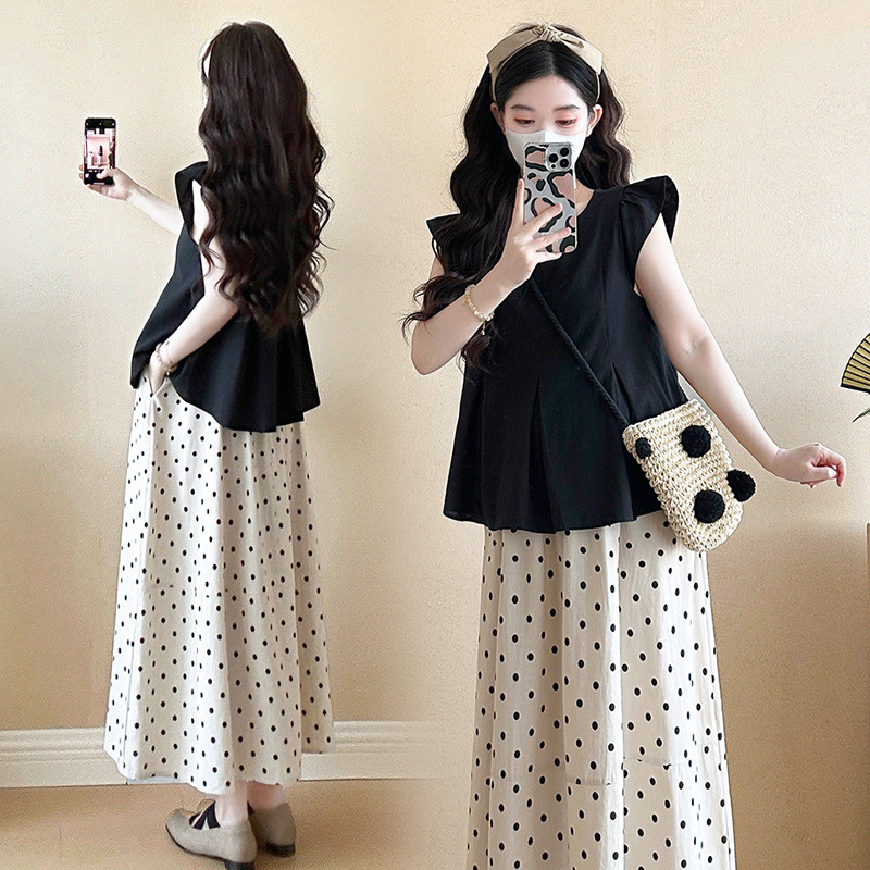 2025 Summer New Flying Sleeve Doll Shirt Top Polo Dot Skirt Elegant Pregnant Women's suit