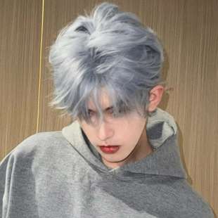 Men's Wig Short Hair Korean Handsome Full Hooded Imitation Natural Fluffy Ice Blue Grey Male Differential Broken Cover