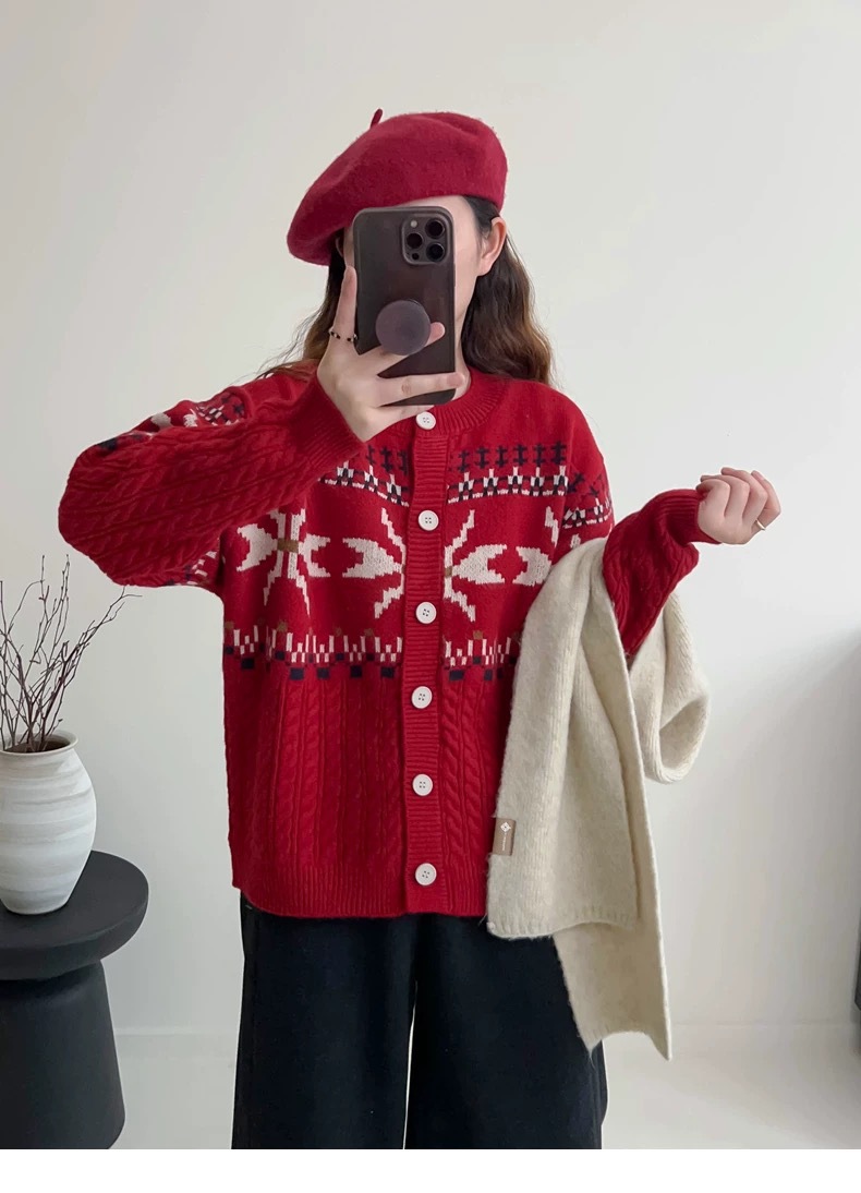 Jacquard torcido camisa de cuello redondo de punto Cardigan mujeres 2025 otoño y invierno nuevo estilo coreano suéter suelto abrigo image 10