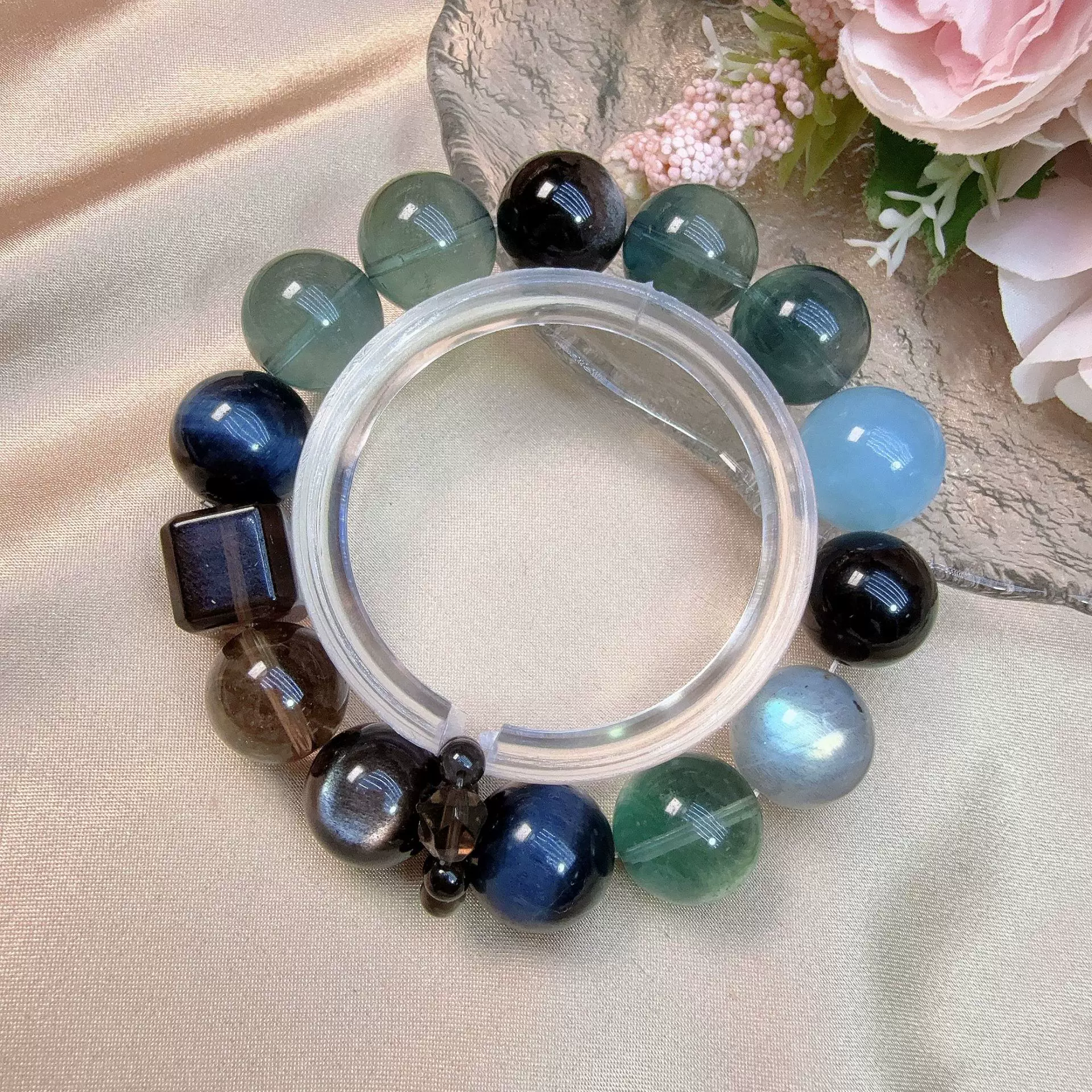 天然蓝虎眼蓝萤石海蓝宝银曜石茶晶搭冰曜石方糖14m轻奢手串S062