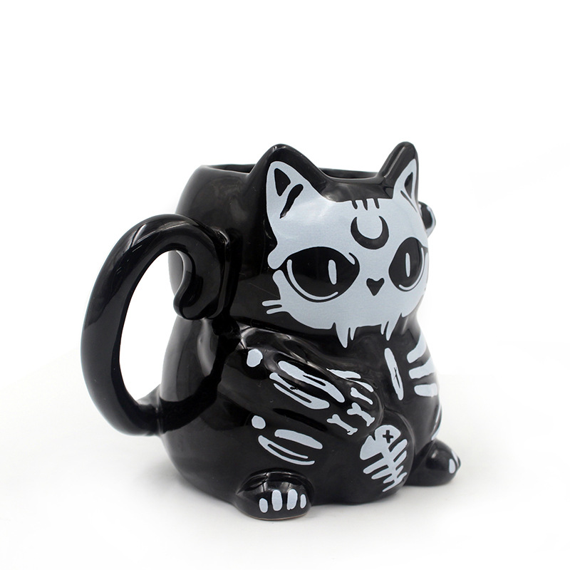 Taza de Gato de la Suerte de Halloween para Niñas, Taza de Cerámica Creativa y Linda de Porcelana Blanca, Taza de Agua para el Hogar y la Oficina