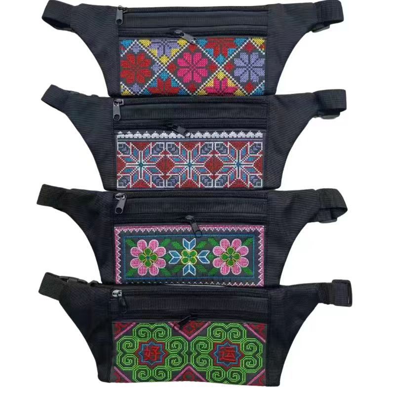 Factory wholesale cross stitch ethnic style waist bag ladies embroidery diagonal bag change mobile phone zipper three-layer embroidery bag