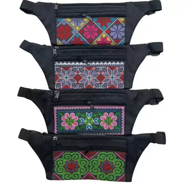 Factory wholesale cross stitch ethnic style waist bag ladies embroidery diagonal bag change mobile phone zipper three-layer embroidery bag