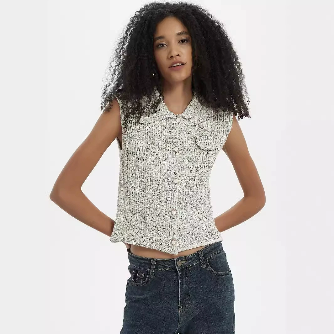 Трансграничная женская одежда оптом в европейском и американском стиле осень новая металлическая линия текстурированный трикотажный жилет персонализированный уличный тонкий