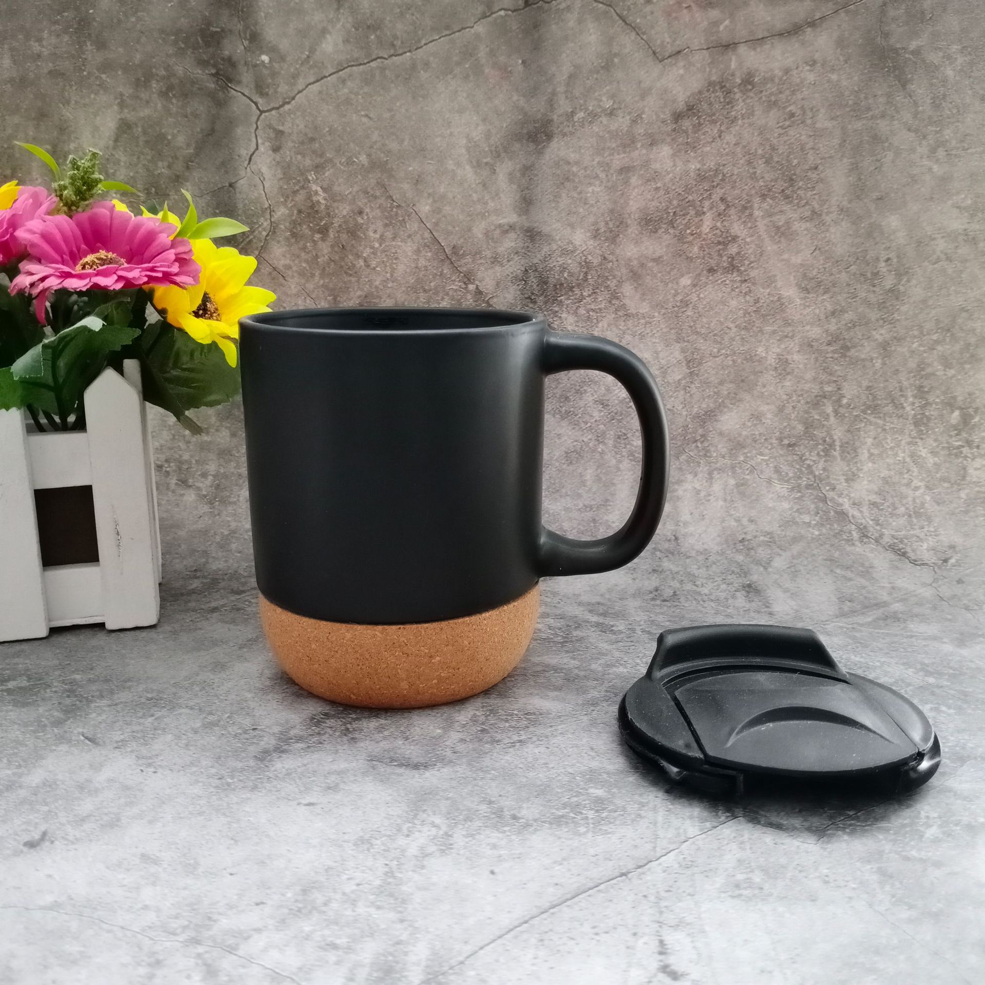 Taza de cerámica personalizada ROCMOK taza de cerámica simple creativa con tapa Base de corcho Taza de aislamiento térmico