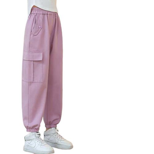 Girls 'overalls autumn and winter velvet sweatpants with leg straps for girls' middle and older children's straight loose casual pants