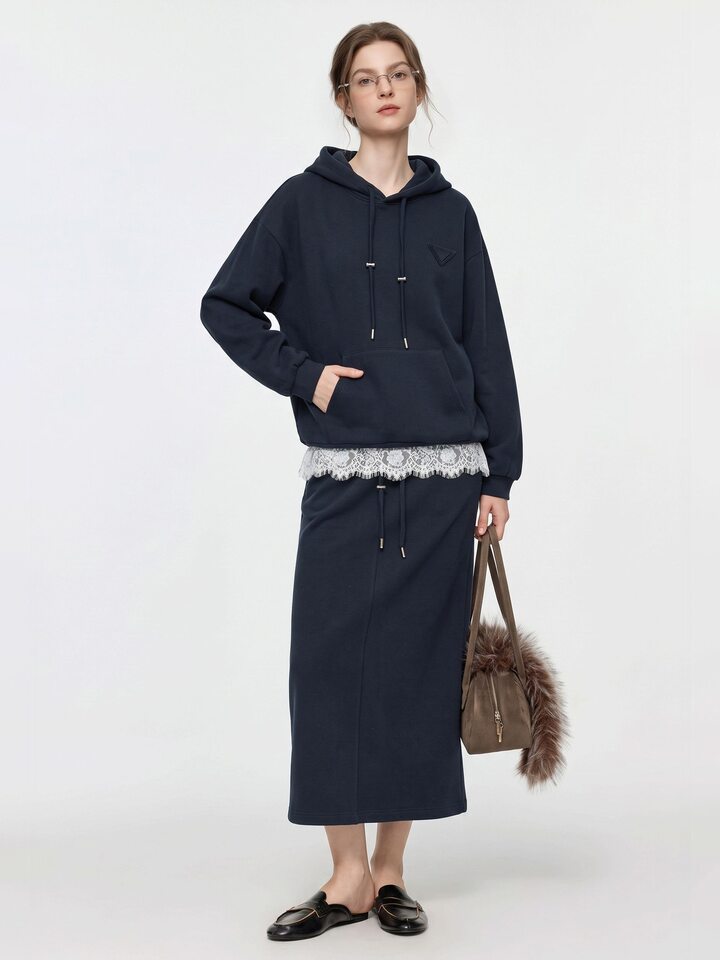 Áo hoodie nữ dài tay màu xanh đen phong cách thanh lịch kèm chân váy suông lưng thun — Màu xanh đen - nửa váy, Màu xanh đen - áo khoác, Xanh lông mòng đen - Set