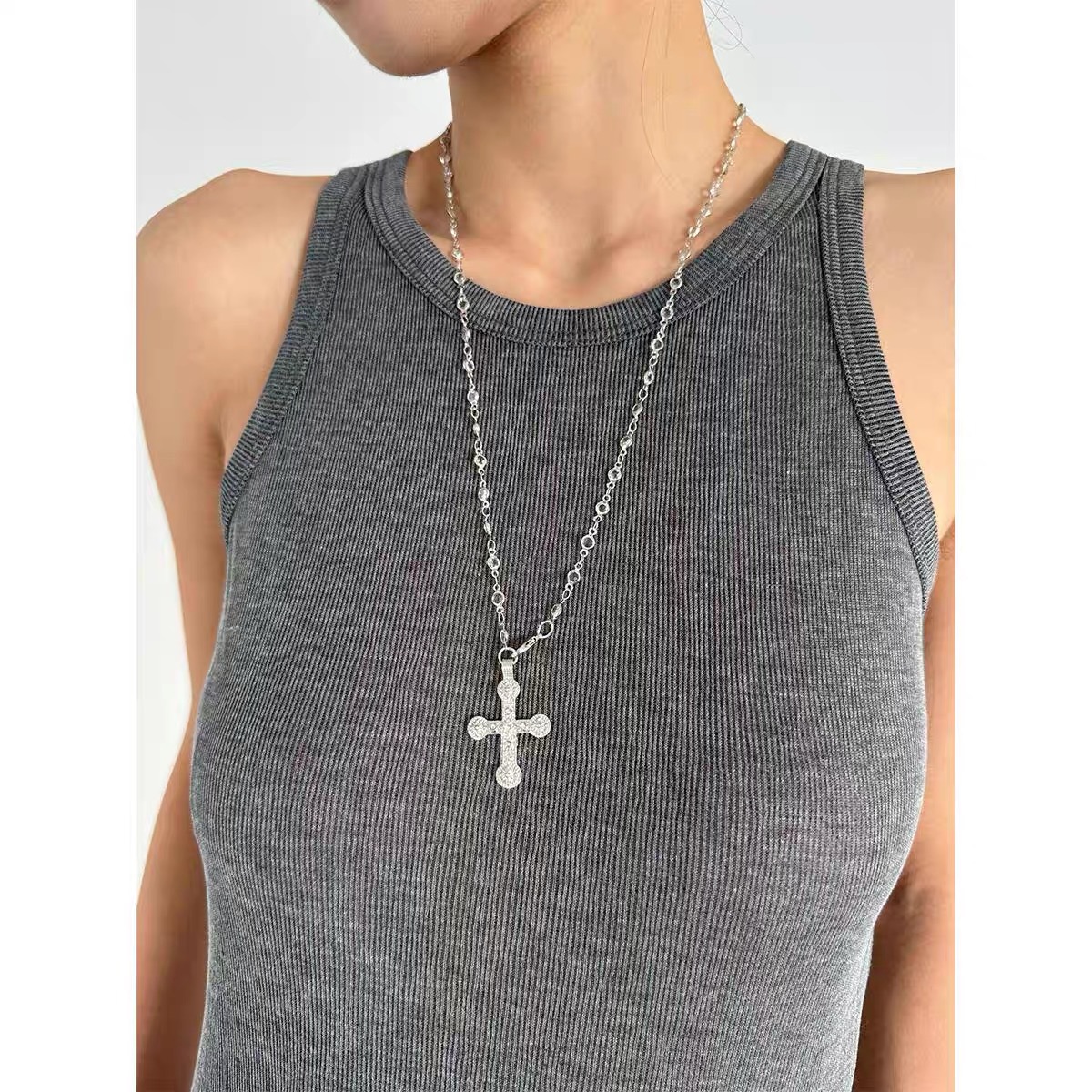 Fashionable Retro Diamond Embedded Spliced Cross Pendant Multi-Layer Colorful Hot Girl Cool Personality Long Necklace display picture 3